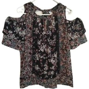 Women's Flutter Floral Black Cold Shoulder Sheer Top Peasant Paisley Boho Blouse